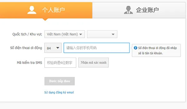 Tiến hành đăng ký tài khoản Alipay